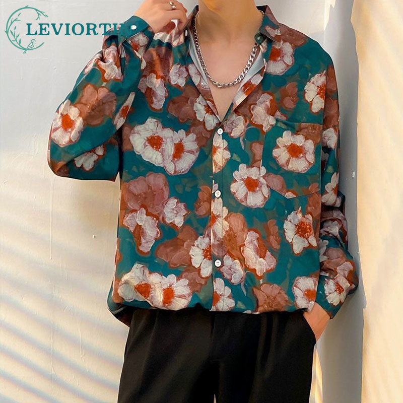 Fashion Men's Long Sleeve Flow - Streetwear Brand With Flowers 评论和价格